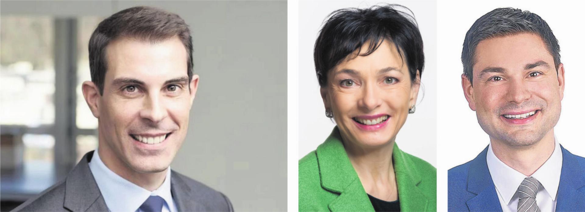 Der wiedergewählte Thierry Burkart (FDP) und die beiden Kandidierenden für den zweiten Wahlgang: Marianne Binder-Keller (Mitte) und Benjamin Giezendanner (SVP). Foto: zVg