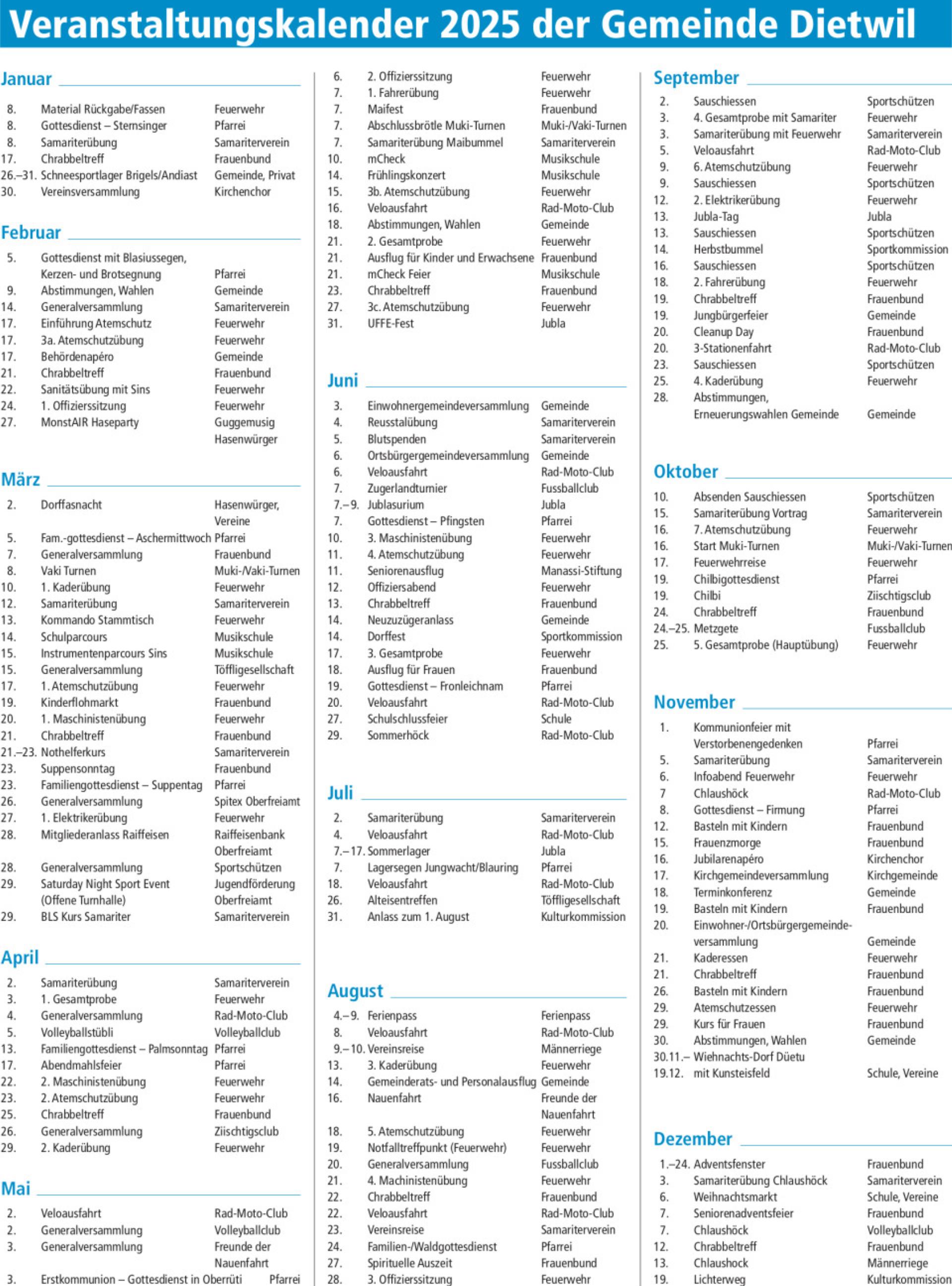 Veranstaltungskalender 2025 der Gemeinde Dietwil