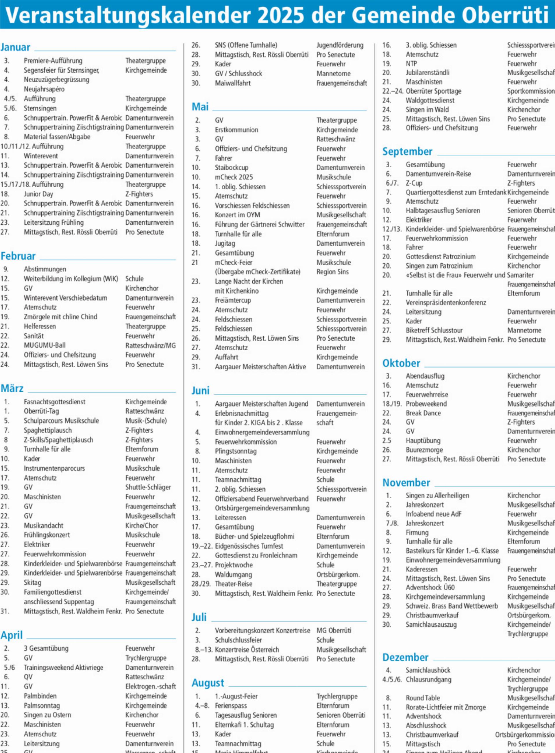 Veranstaltungskalender 2025 der Gemeinde Oberrüti