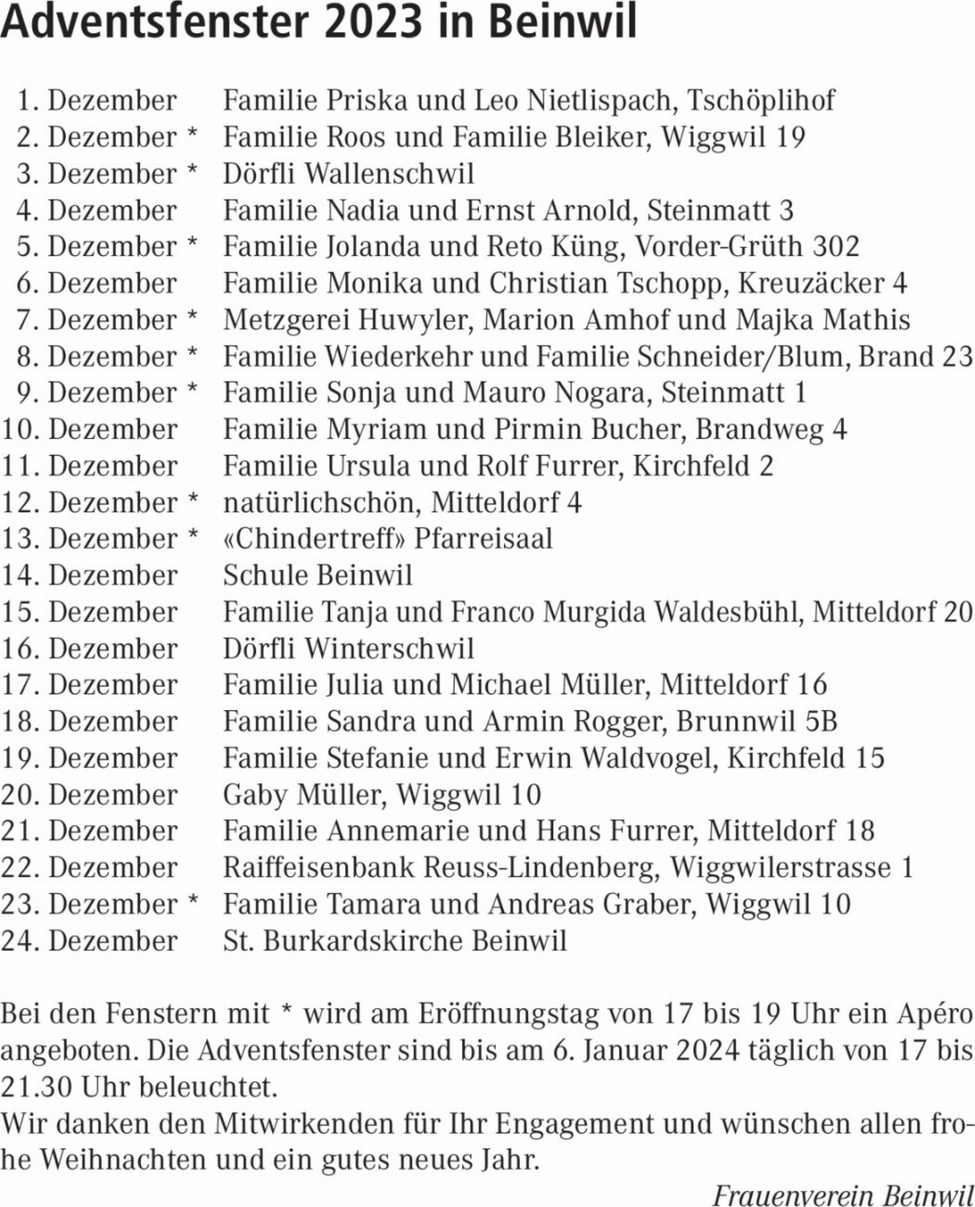 Adventsfenster 2023 in Beinwil
