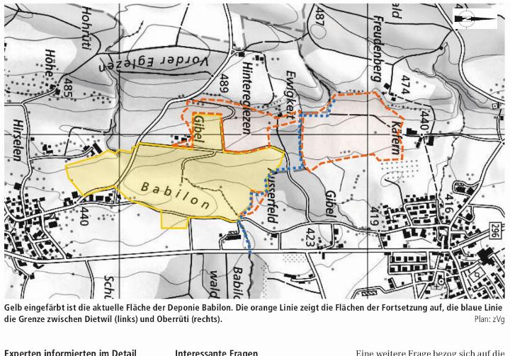 Gelb eingefärbt ist die aktuelle Fläche der Deponie Babilon. Die orange Linie zeigt die Flächen der Fortsetzung auf, die blaue Linie die Grenze zwischen Dietwil (links) und Oberrüti (rechts). Plan: zVg