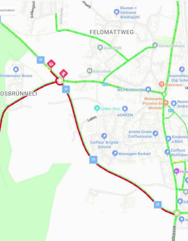 Wegen einer Auffahrkollision entstand am Mittwochmorgen Stau in Sins. Foto: Maps Traffic