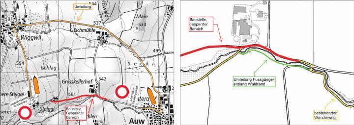 Beinwil und Auw, Verkehrsbehinderung Steiggistrasse. Grafik links: Umleitung der Fahrzeuge, Grafik rechts: Umleitung der Fussgänger.