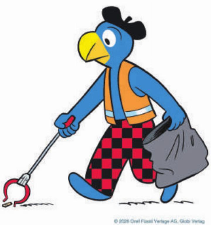 Globi packt an am Clean-Up-Day gegen Littering.  Foto: zVg