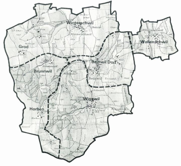 Politische Gemeinden vor 1798. Der Grenzverlauf ist den Marchbeschrieben entnommen. Die Gemeinden, wie sie in der Skizze eingetragen sind, wurden im Jahre 1899 aufgehoben. Grafik: Anzeiger-Archiv