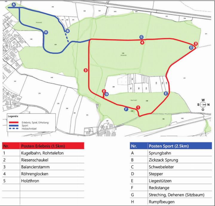 Der blaue Pfad widerspiegelt die sportliche Route, rot eingezeichnet ist der Erlebnispfad für Spiel und Spass. Foto: zVg