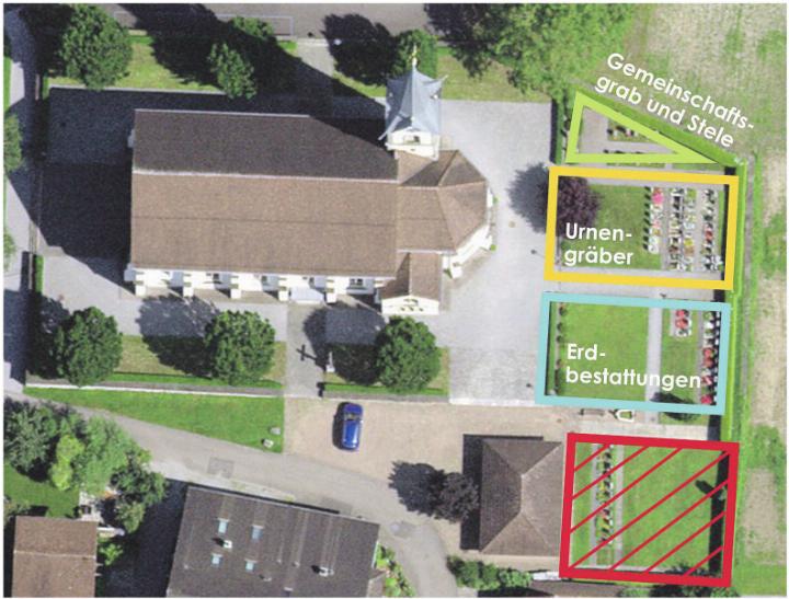 Der rot schraffierte Bereich zeigt, wo die neue Grabstätte entstehen soll. G E W E R B E V E R E I N Foto: zVg Sins und Umgebung | 5643 Sins Der rot schraffierte Bereich zeigt, wo die neue Grabstätte entstehen soll. G E W E R B E V E R E I N Foto: zVg Sins und Umgebung | 5643 Sins