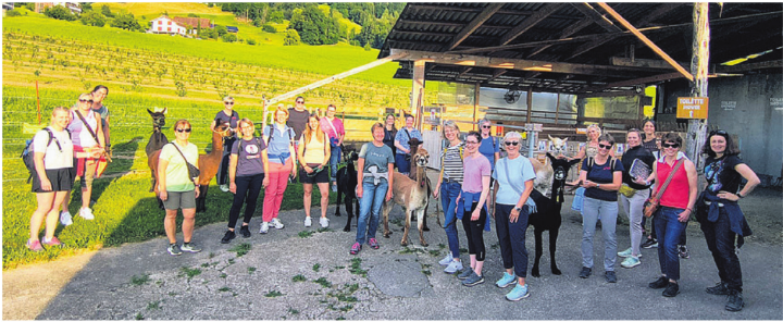 Die Dietwiler Turnerfrauen mit den Lamas auf dem Hof Stadelmatt in Küssnacht. Foto: zVg