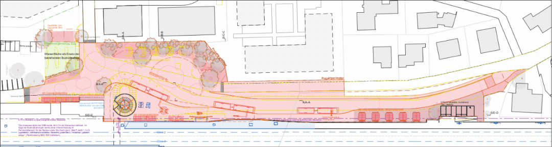 Am rot eingefärbten Perimeter wird bei der Umsetzung der Neugestaltung Bahnhofplatz gearbeitet. Plan: zVg Am rot eingefärbten Perimeter wird bei der Umsetzung der Neugestaltung Bahnhofplatz gearbeitet. Plan: zVg